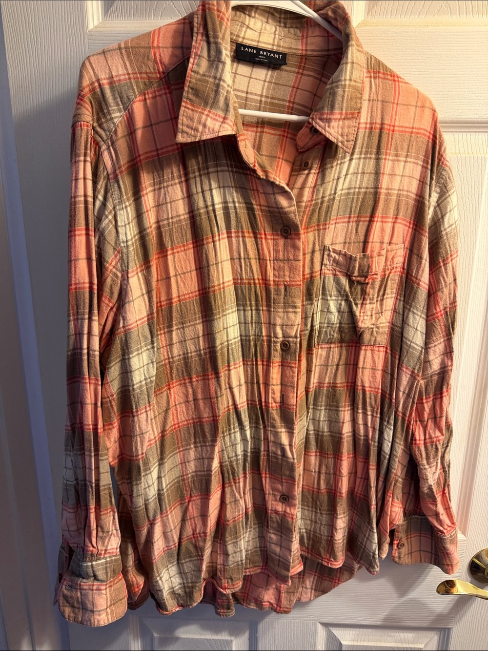 Lane Bryant Coral, Tan and Cream Plaid Button-Down Shirt